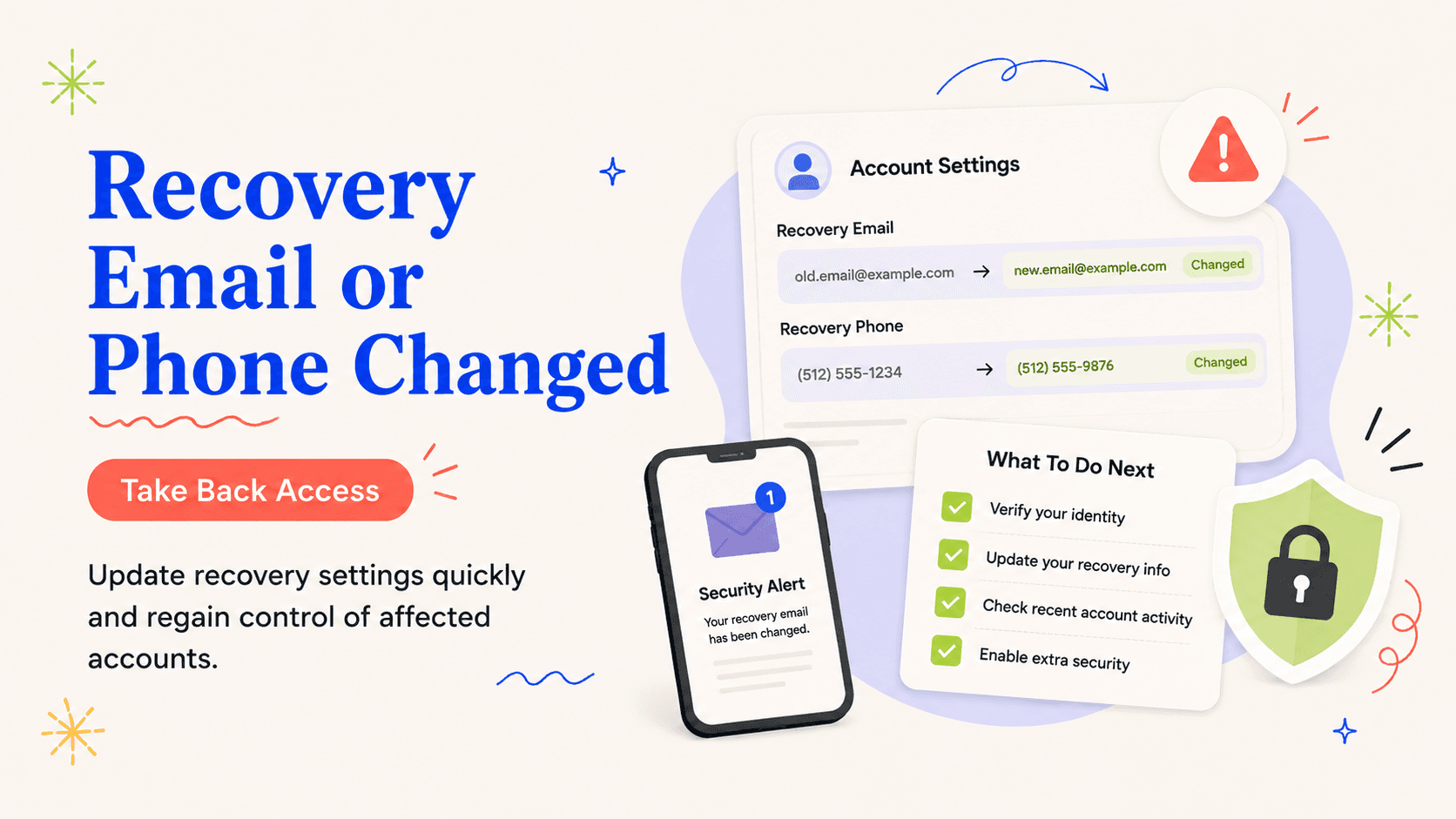 Illustrated checklist for an unauthorized recovery email or phone change