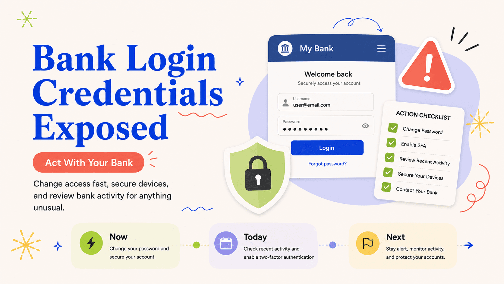 Illustrated bank login credential breach response checklist