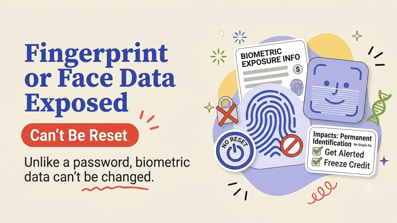 Consumer guide illustration for fingerprint, facial recognition, or genetic biometric data exposed in a data breach