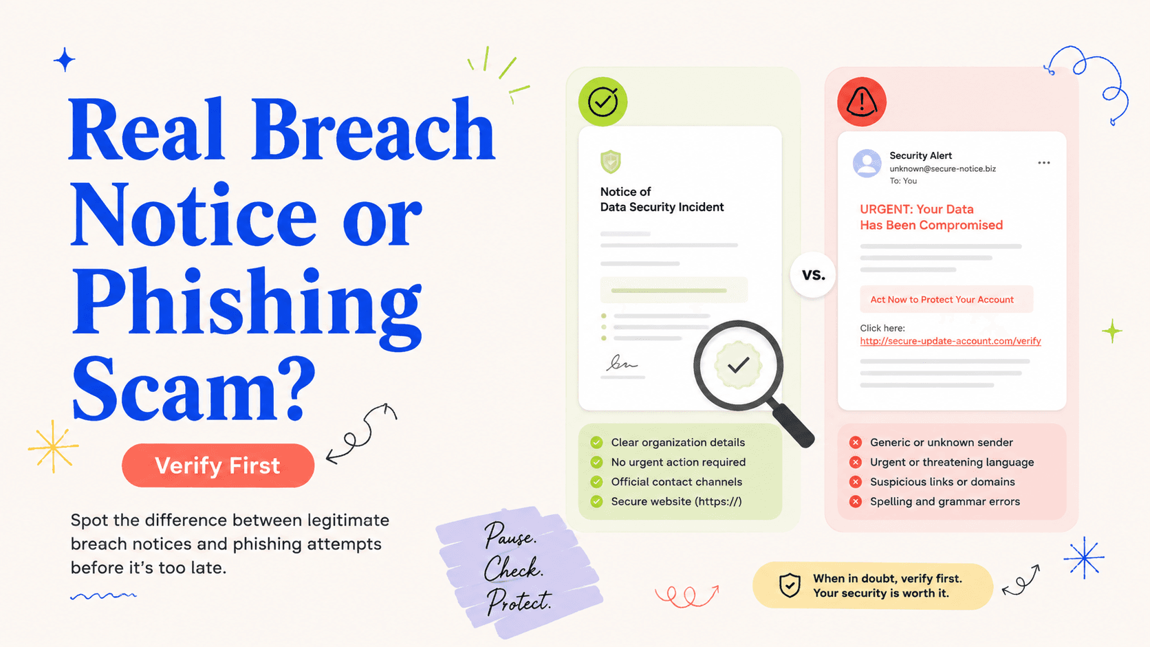 Illustrated action card for is the data breach notice real or a phishing scam?