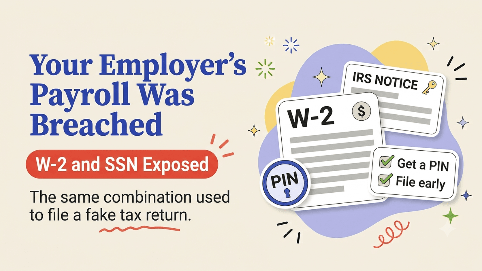 Consumer guide illustration for an employer payroll or W-2 data breach exposing an employee's Social Security number