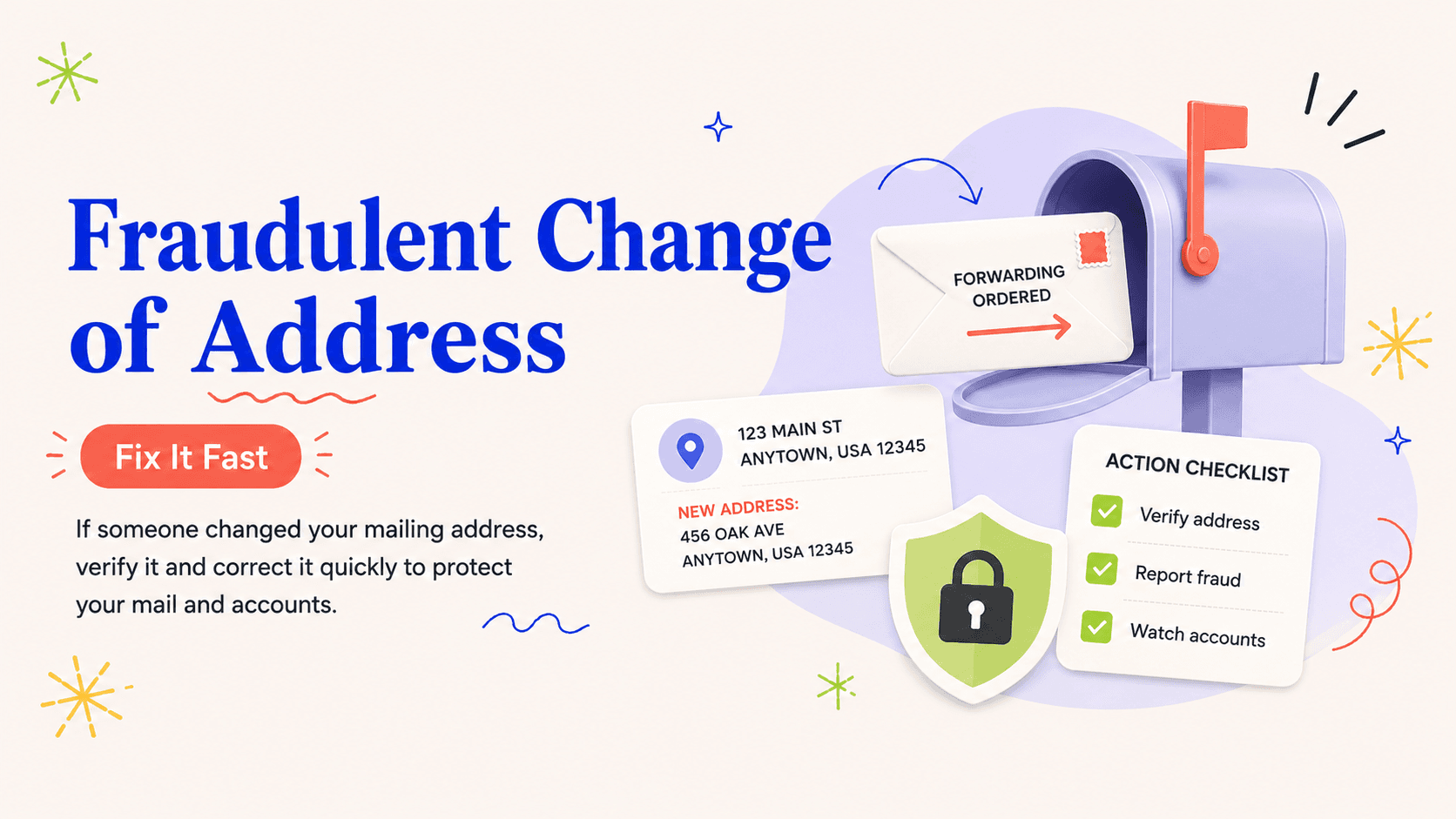 Editorial illustration explaining how to respond to a fraudulent USPS change of address after identity theft