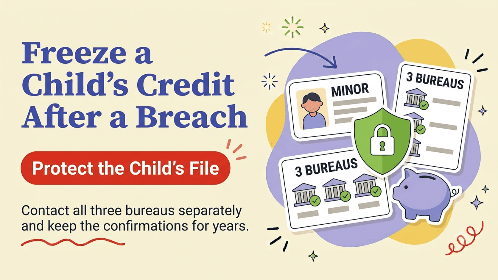 Consumer guide illustration for freezing a minor child’s credit file after a data breach