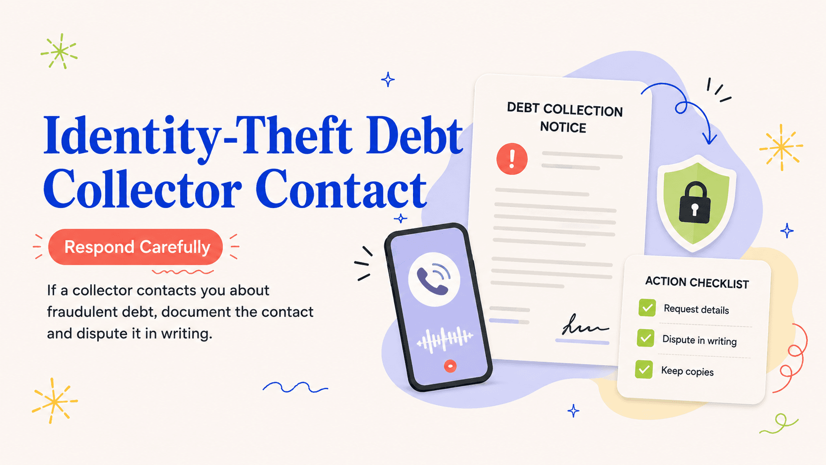 Editorial illustration showing how to respond to a debt collector about identity-theft debt
