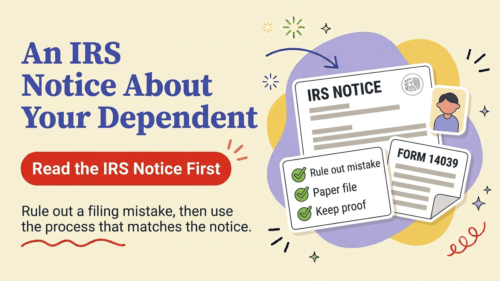 Consumer guide illustration for responding to an IRS notice about a child or dependent identity theft