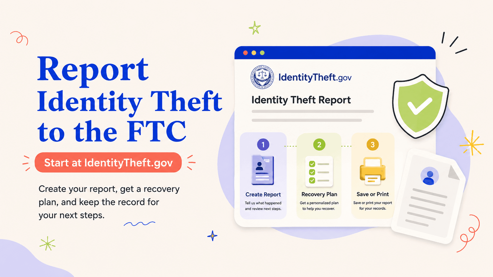 Illustrated action card for how to report identity theft to the ftc at identitytheft.gov
