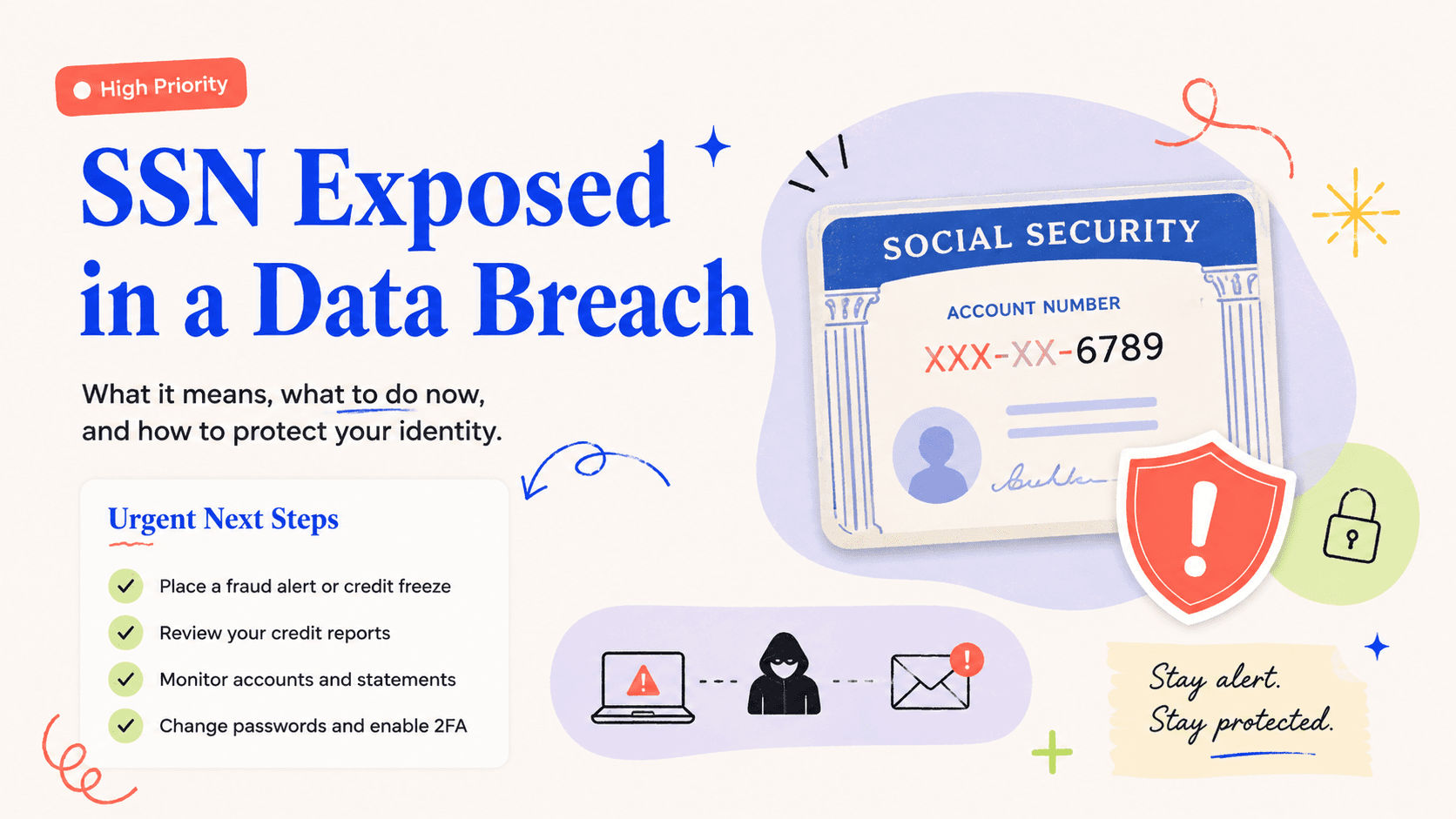 Illustrated action card for social security number exposed in a data breach: what to do next