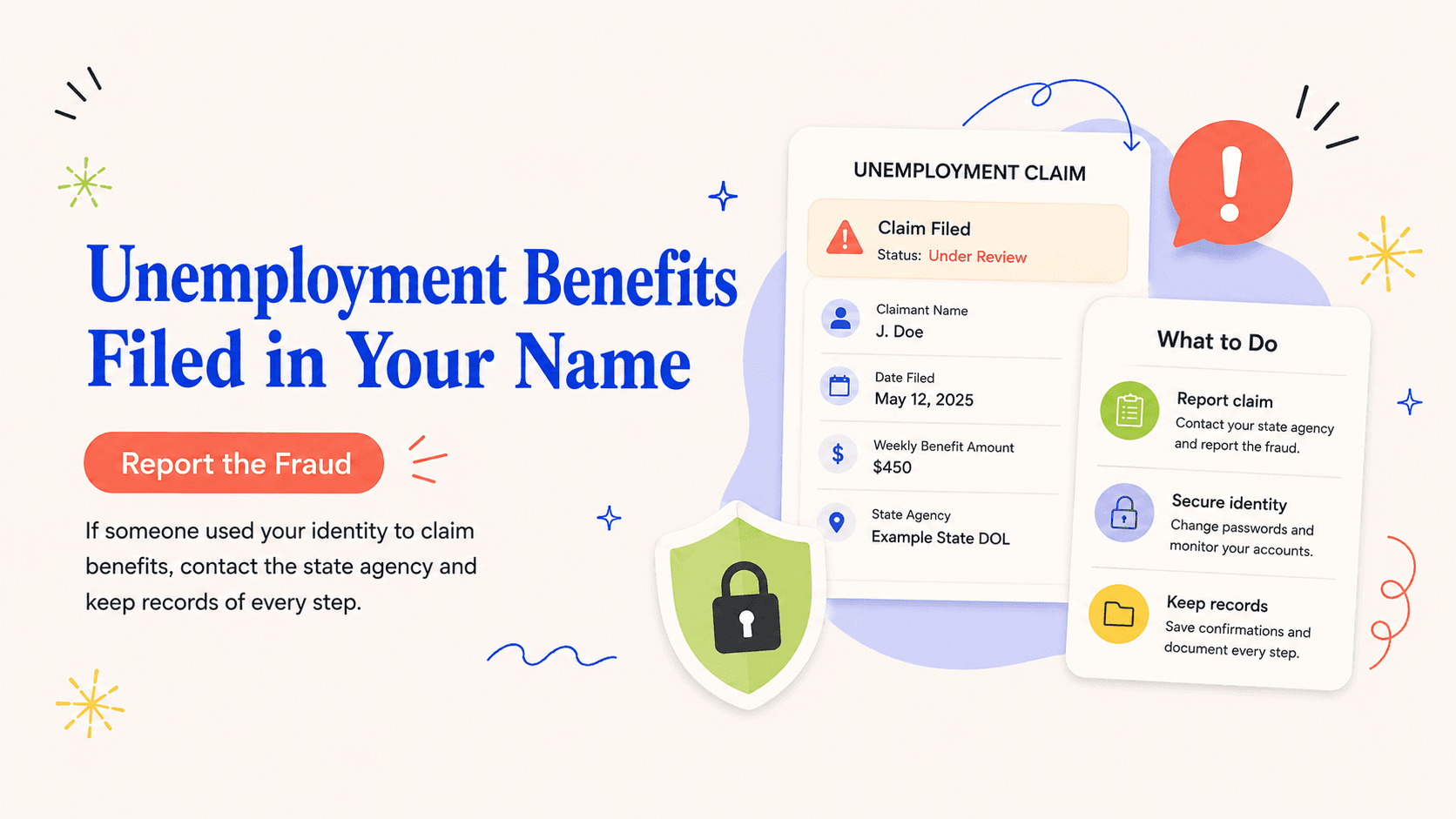 Editorial illustration explaining how to report unemployment identity fraud after a data breach