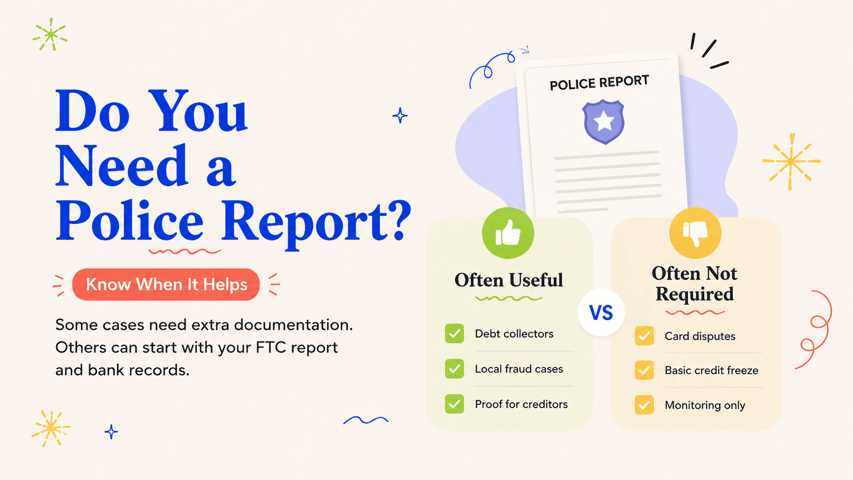 Illustrated action card for when do you need a police report for identity theft?