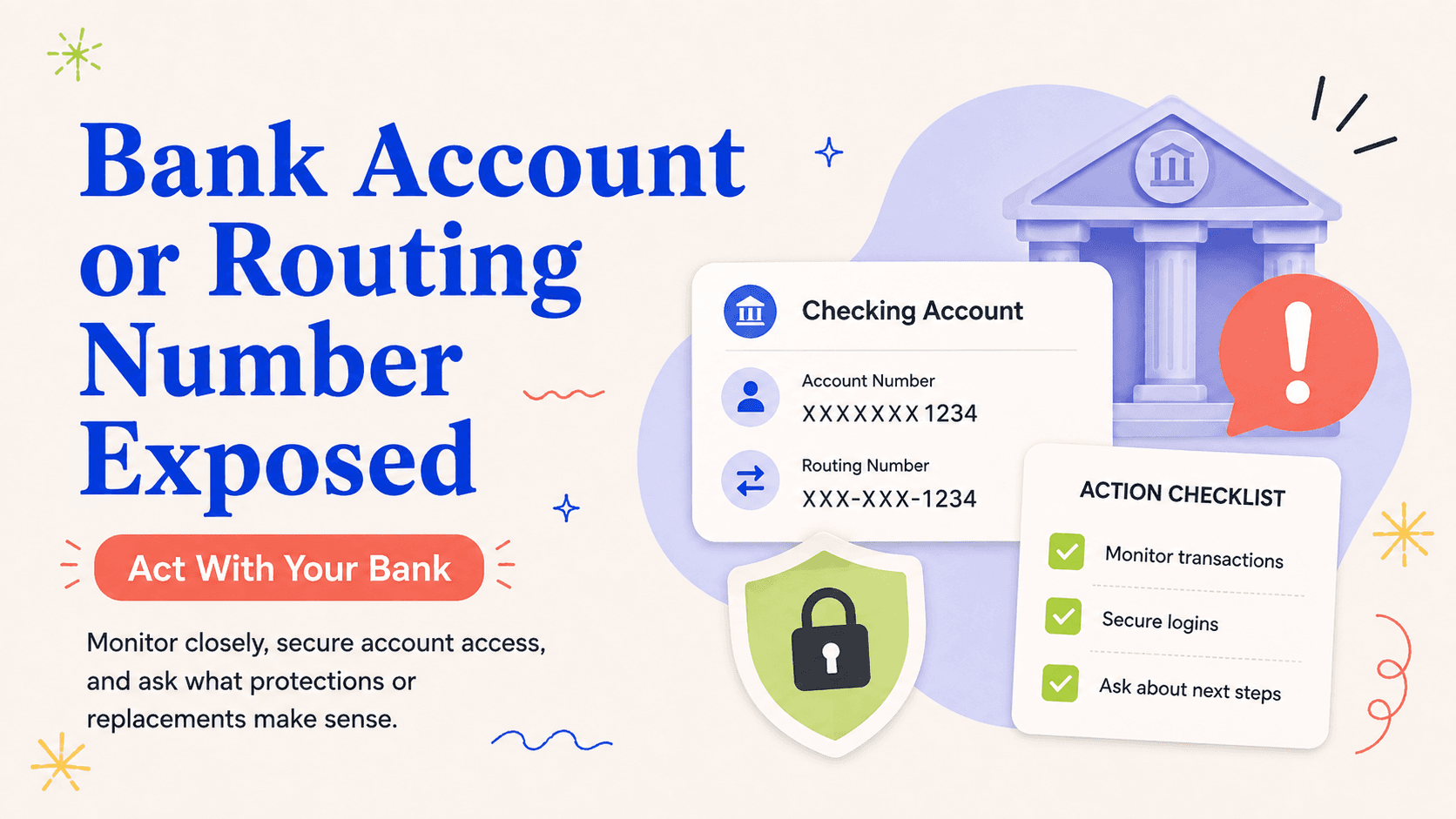 Illustrated action card for bank account or routing number exposed in a breach: what to do