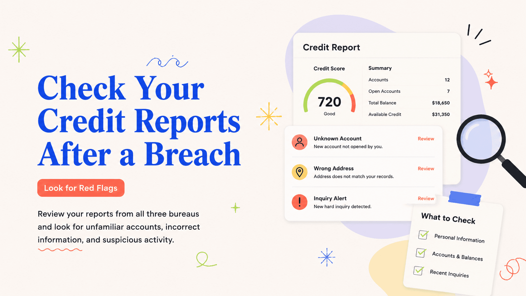 Illustrated action card for how to check your credit reports after a data breach
