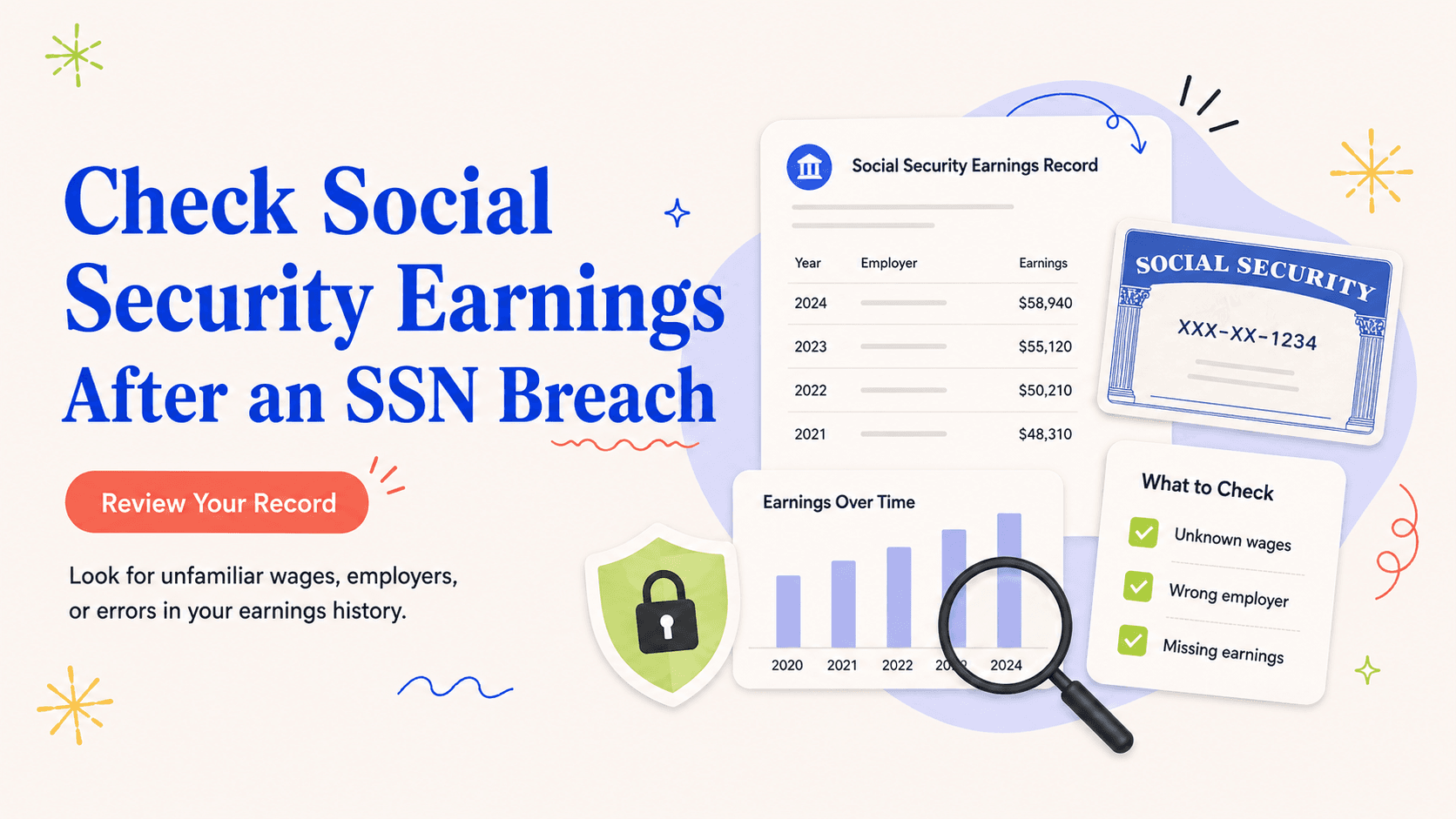 Illustrated action card for how to check your social security earnings record after an ssn breach