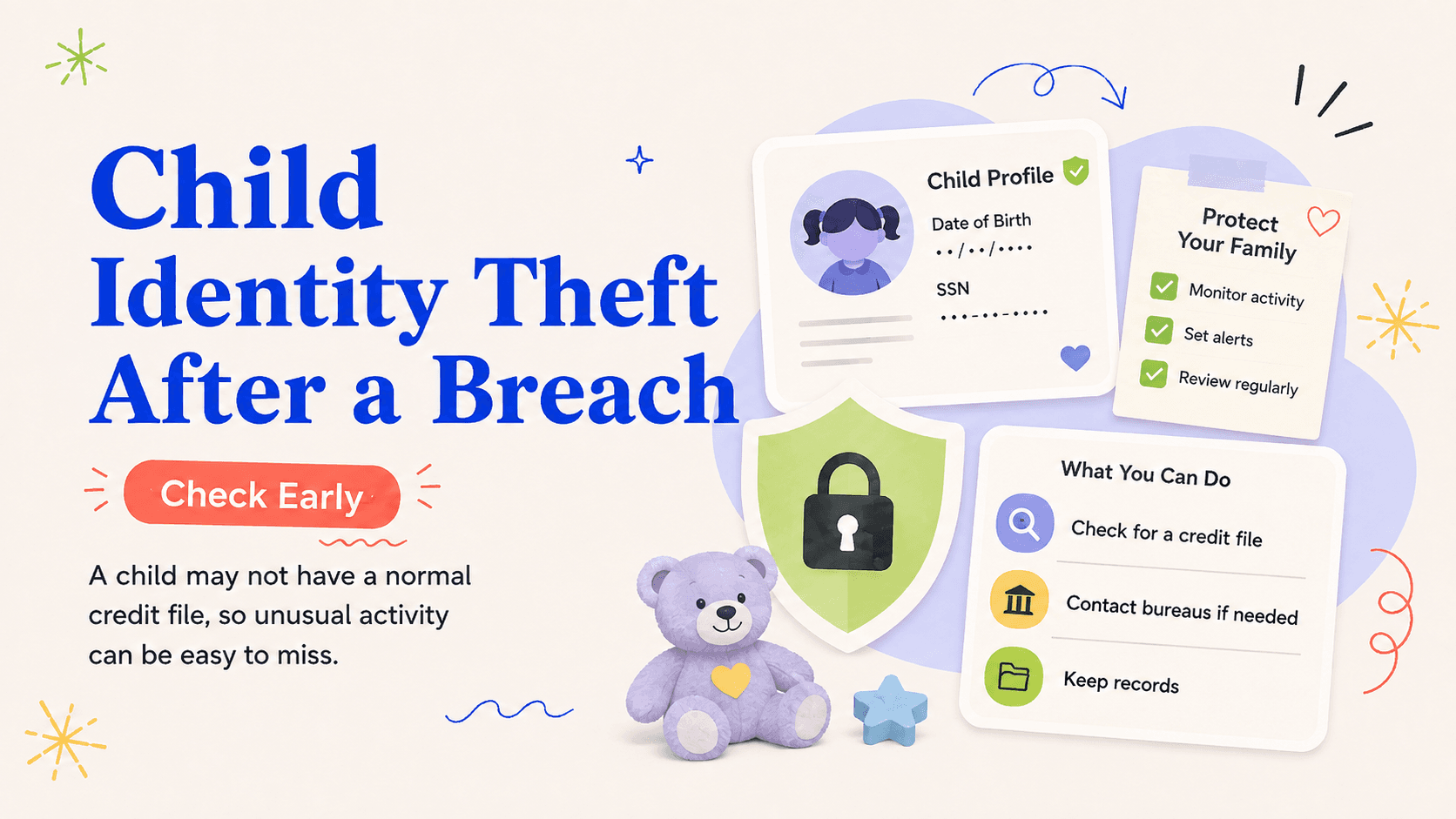 Illustrated action card for child identity theft after a data breach: how to check and respond