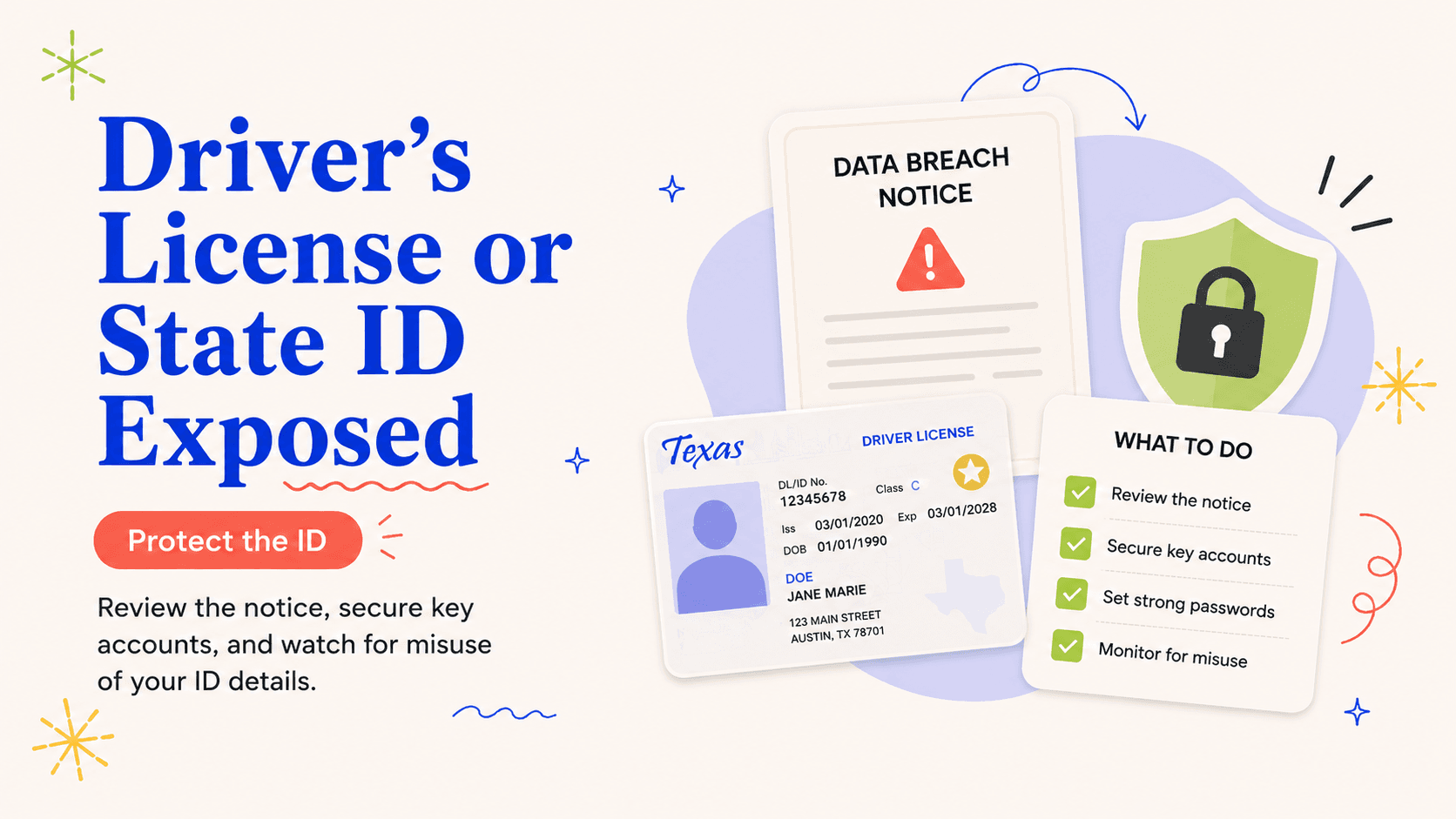 Illustrated response guide for a driver license or state ID number exposed in a data breach