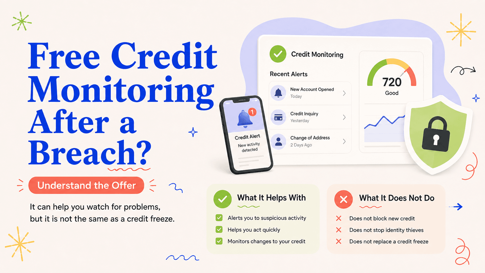 Illustrated action card for should you use the free credit monitoring offered after a breach?