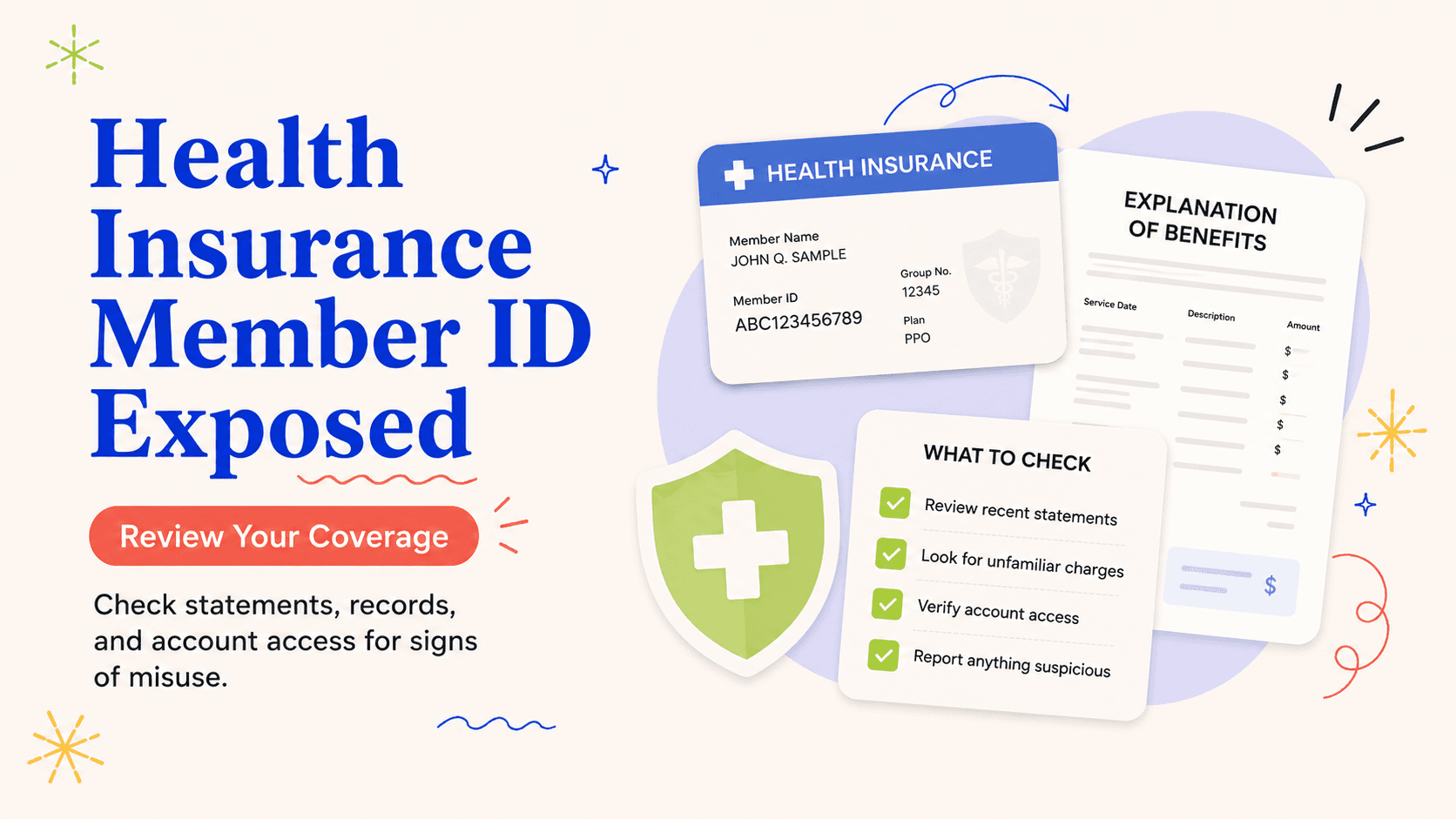 Illustrated health insurance identity theft checklist after a data breach