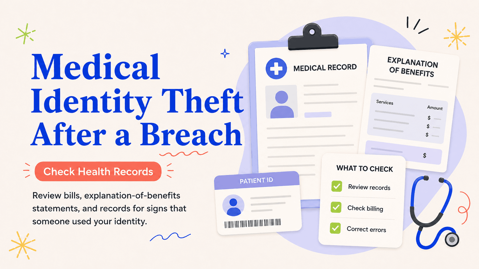 Illustrated action card for medical identity theft after a health data breach: what to check
