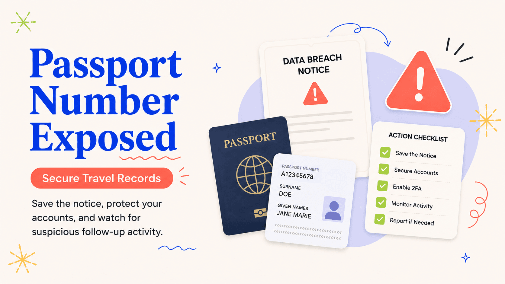 Illustrated guide for responding when a passport number is exposed in a data breach