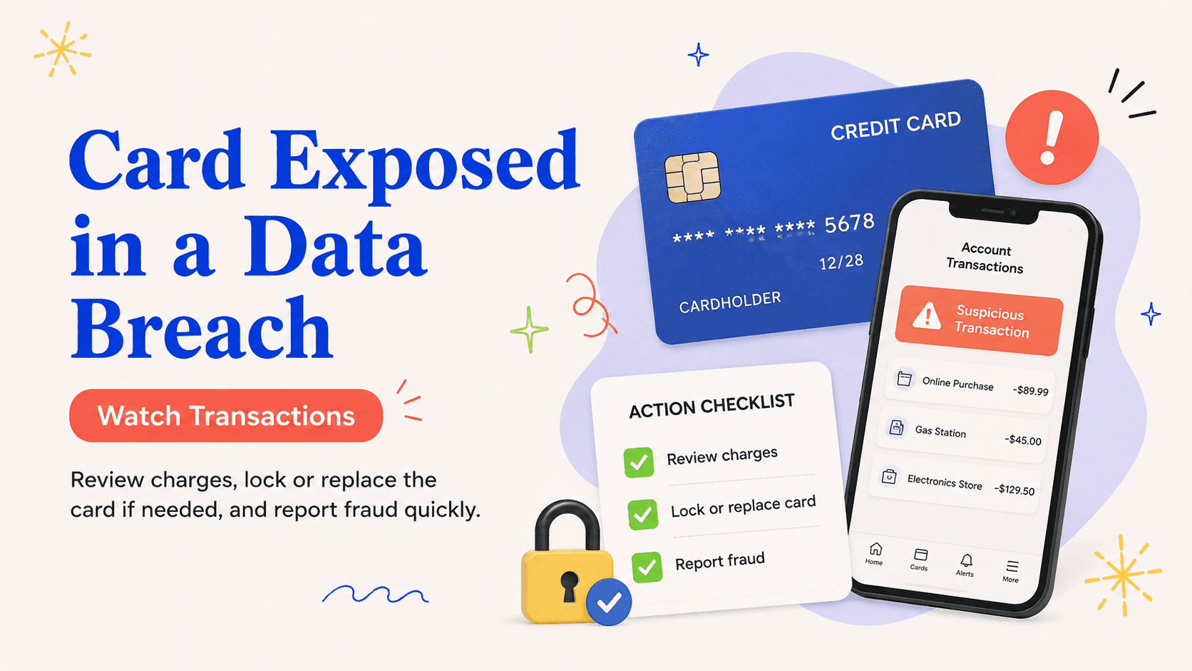 Illustrated action card for credit or debit card exposed in a data breach: what to do