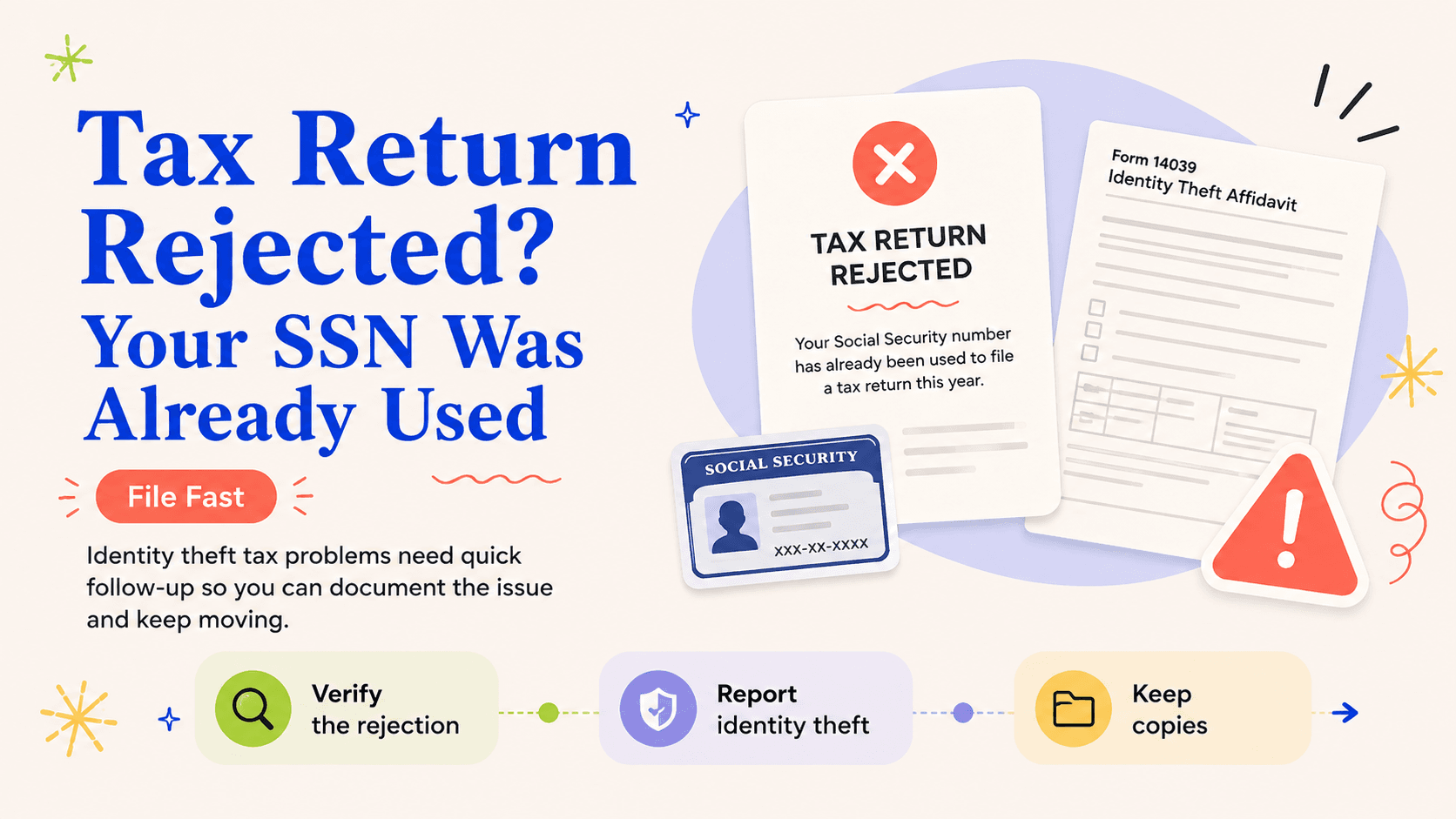 Illustrated action card for tax return rejected because your ssn was already used: what to do