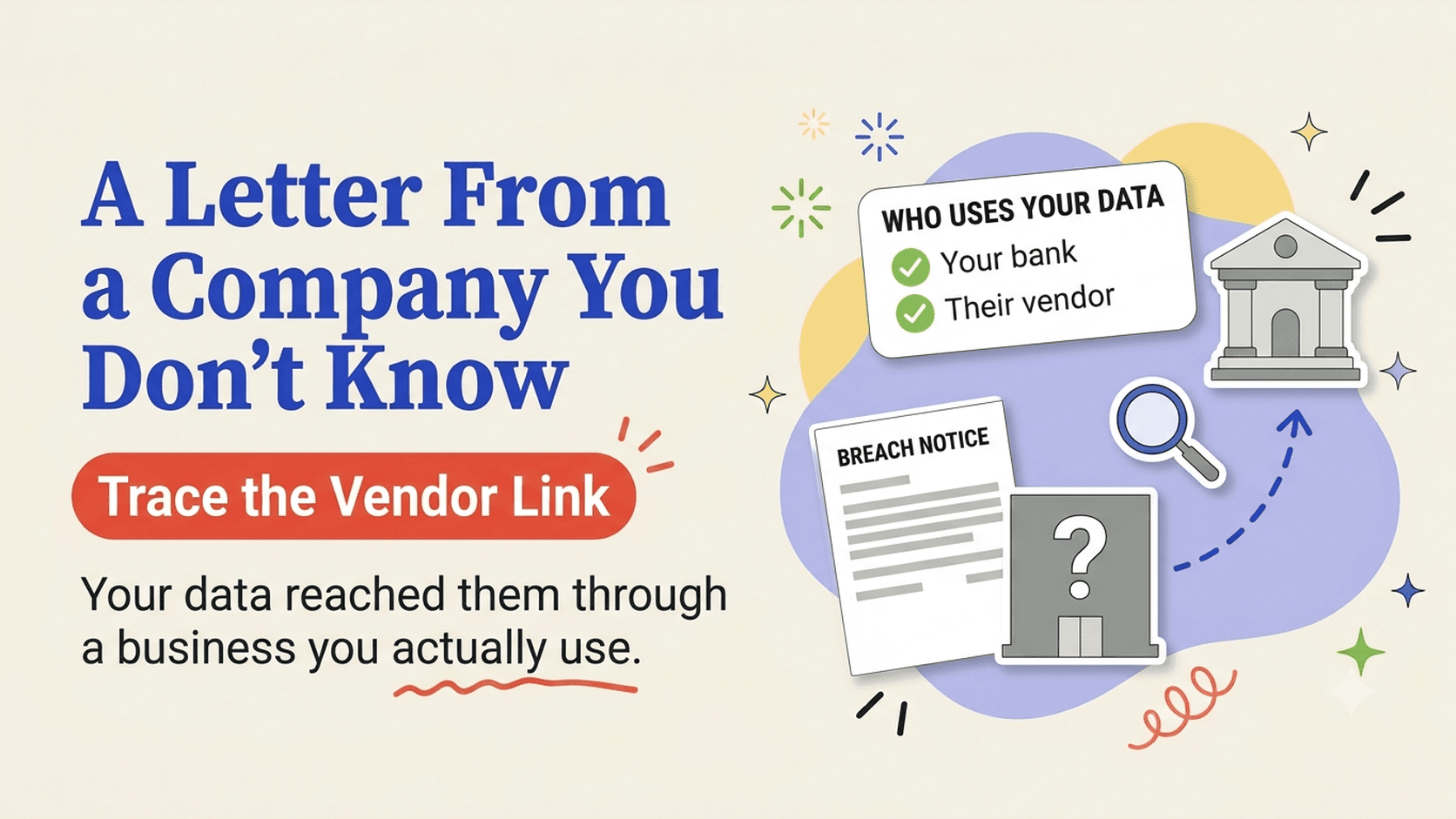 Consumer guide illustration explaining a data breach notice from an unfamiliar third-party vendor company