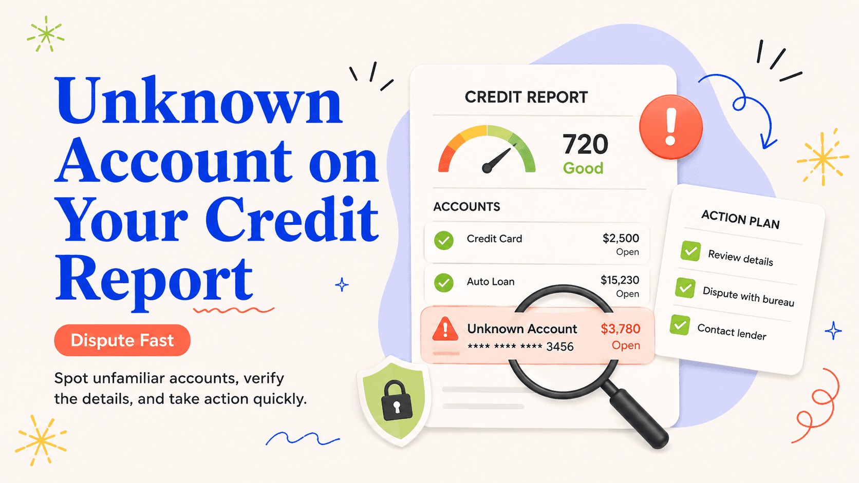 Illustrated action card for unknown account on your credit report after a breach: what to do