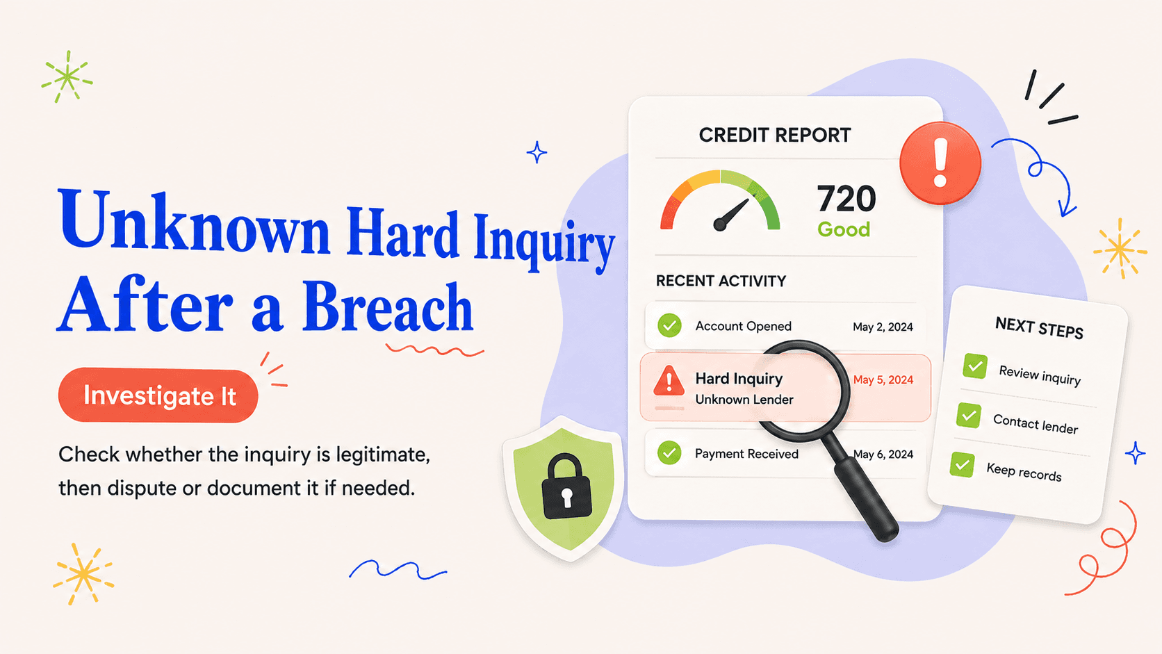 Editorial illustration showing an unfamiliar hard inquiry on a credit report after a data breach